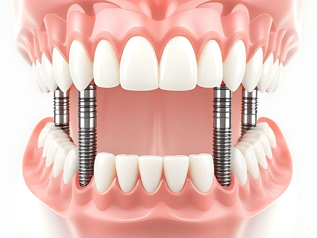 Dental implant model showing full arch restoration